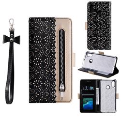 Luxury Lace Zipper Stitching Leather Phone Wallet Case for Huawei Y6 (2019) - Black