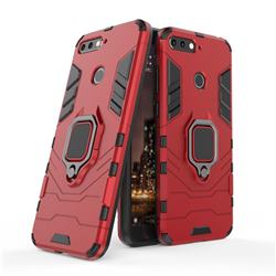 Black Panther Armor Metal Ring Grip Shockproof Dual Layer Rugged Hard Cover for Huawei Y6 (2018) - Red