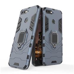 Black Panther Armor Metal Ring Grip Shockproof Dual Layer Rugged Hard Cover for Huawei Y6 (2018) - Blue