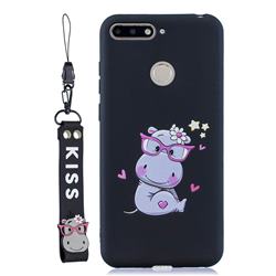 Black Flower Hippo Soft Kiss Candy Hand Strap Silicone Case for Huawei Y6 (2018)