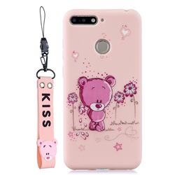Pink Flower Bear Soft Kiss Candy Hand Strap Silicone Case for Huawei Y6 (2018)