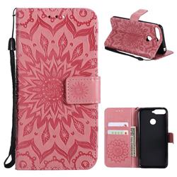 Embossing Sunflower Leather Wallet Case for Huawei Y6 (2018) - Pink
