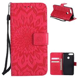 Embossing Sunflower Leather Wallet Case for Huawei Y6 (2018) - Red