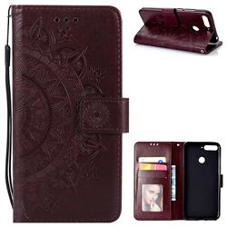 Intricate Embossing Datura Leather Wallet Case for Huawei Y6 (2018) - Brown