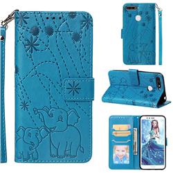 Embossing Fireworks Elephant Leather Wallet Case for Huawei Y6 (2018) - Blue
