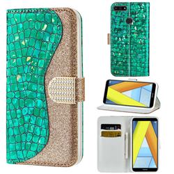 Glitter Diamond Buckle Laser Stitching Leather Wallet Phone Case for Huawei Y6 (2018) - Green