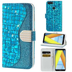 Glitter Diamond Buckle Laser Stitching Leather Wallet Phone Case for Huawei Y6 (2018) - Blue