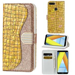 Glitter Diamond Buckle Laser Stitching Leather Wallet Phone Case for Huawei Y6 (2018) - Gold