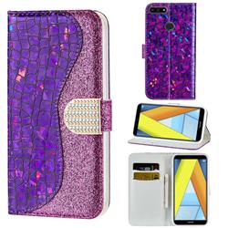 Glitter Diamond Buckle Laser Stitching Leather Wallet Phone Case for Huawei Y6 (2018) - Purple