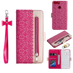 Luxury Lace Zipper Stitching Leather Phone Wallet Case for Huawei Y6 (2018) - Rose