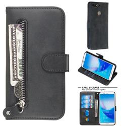 Retro Luxury Zipper Leather Phone Wallet Case for Huawei Y6 (2018) - Black