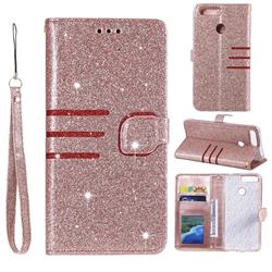 Retro Stitching Glitter Leather Wallet Phone Case for Huawei Y6 (2018) - Rose Gold