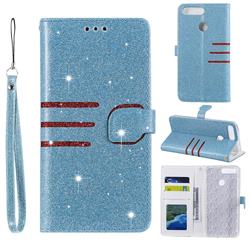 Retro Stitching Glitter Leather Wallet Phone Case for Huawei Y6 (2018) - Blue