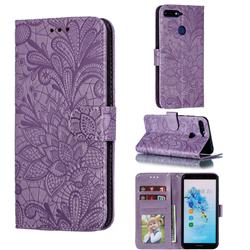 Intricate Embossing Lace Jasmine Flower Leather Wallet Case for Huawei Y6 (2018) - Purple