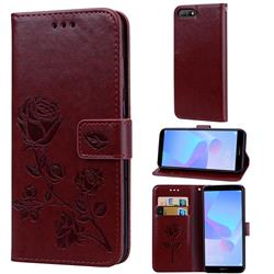 Embossing Rose Flower Leather Wallet Case for Huawei Y6 (2018) - Brown