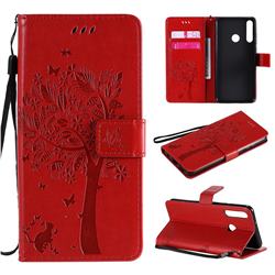 Embossing Butterfly Tree Leather Wallet Case for Huawei Y6p - Red