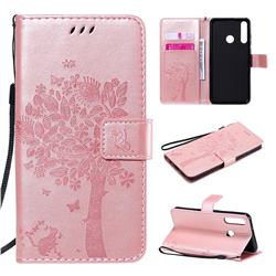 Embossing Butterfly Tree Leather Wallet Case for Huawei Y6p - Rose Pink