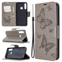 Embossing Double Butterfly Leather Wallet Case for Huawei Y6p - Gray