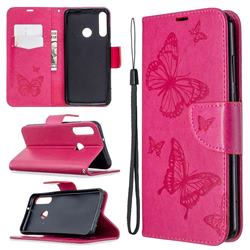 Embossing Double Butterfly Leather Wallet Case for Huawei Y6p - Red