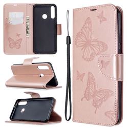 Embossing Double Butterfly Leather Wallet Case for Huawei Y6p - Rose Gold