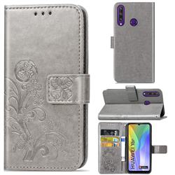 Embossing Imprint Four-Leaf Clover Leather Wallet Case for Huawei Y6p - Grey