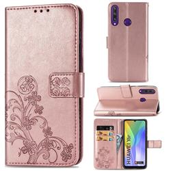 Embossing Imprint Four-Leaf Clover Leather Wallet Case for Huawei Y6p - Rose Gold