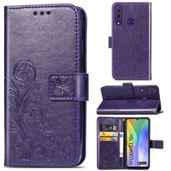Embossing Imprint Four-Leaf Clover Leather Wallet Case for Huawei Y6p - Purple