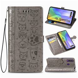 Embossing Dog Paw Kitten and Puppy Leather Wallet Case for Huawei Y6p - Gray