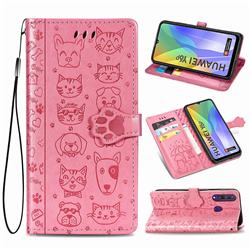Embossing Dog Paw Kitten and Puppy Leather Wallet Case for Huawei Y6p - Pink