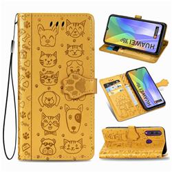 Embossing Dog Paw Kitten and Puppy Leather Wallet Case for Huawei Y6p - Yellow
