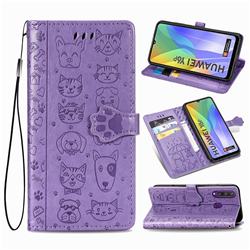 Embossing Dog Paw Kitten and Puppy Leather Wallet Case for Huawei Y6p - Purple