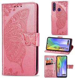 Embossing Mandala Flower Butterfly Leather Wallet Case for Huawei Y6p - Pink