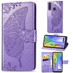 Embossing Mandala Flower Butterfly Leather Wallet Case for Huawei Y6p - Light Purple