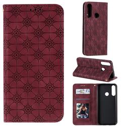 Intricate Embossing Four Leaf Clover Leather Wallet Case for Huawei Y6p - Claret