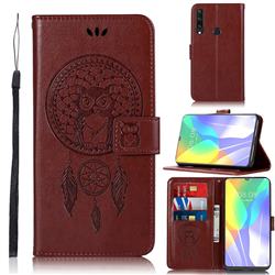 Intricate Embossing Owl Campanula Leather Wallet Case for Huawei Y6p - Brown