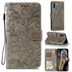 Intricate Embossing Lace Jasmine Flower Leather Wallet Case for Huawei Y6p - Gray