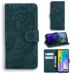 Intricate Embossing Tiger Face Leather Wallet Case for Huawei Y6p - Green