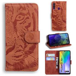 Intricate Embossing Tiger Face Leather Wallet Case for Huawei Y6p - Brown