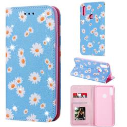 Ultra Slim Daisy Sparkle Glitter Powder Magnetic Leather Wallet Case for Huawei Y6s (2019) - Blue