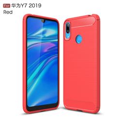 Luxury Carbon Fiber Brushed Wire Drawing Silicone TPU Back Cover for Huawei Y7(2019) / Y7 Prime(2019) / Y7 Pro(2019) - Red