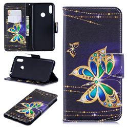 Golden Shining Butterfly Leather Wallet Case for Huawei Y7(2019) / Y7 Prime(2019) / Y7 Pro(2019)