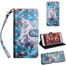 White Tiger 3D Painted Leather Wallet Case for Huawei Y7(2019) / Y7 Prime(2019) / Y7 Pro(2019)