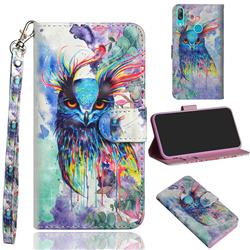 Watercolor Owl 3D Painted Leather Wallet Case for Huawei Y7(2019) / Y7 Prime(2019) / Y7 Pro(2019)