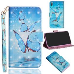 Blue Sea Butterflies 3D Painted Leather Wallet Case for Huawei Y7(2019) / Y7 Prime(2019) / Y7 Pro(2019)