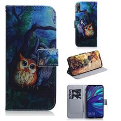 Oil Painting Owl PU Leather Wallet Case for Huawei Y7(2019) / Y7 Prime(2019) / Y7 Pro(2019)