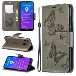 Embossing Double Butterfly Leather Wallet Case for Huawei Y7(2019) / Y7 Prime(2019) / Y7 Pro(2019) - Gray