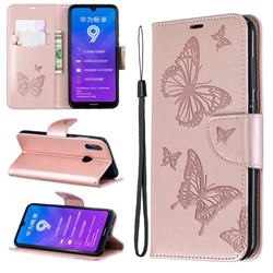 Embossing Double Butterfly Leather Wallet Case for Huawei Y7(2019) / Y7 Prime(2019) / Y7 Pro(2019) - Rose Gold