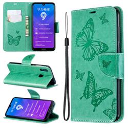 Embossing Double Butterfly Leather Wallet Case for Huawei Y7(2019) / Y7 Prime(2019) / Y7 Pro(2019) - Green