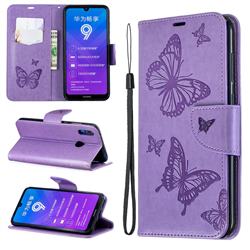 Embossing Double Butterfly Leather Wallet Case for Huawei Y7(2019) / Y7 Prime(2019) / Y7 Pro(2019) - Purple