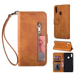 Retro Calfskin Zipper Leather Wallet Case Cover for Huawei Y7(2019) / Y7 Prime(2019) / Y7 Pro(2019) - Brown